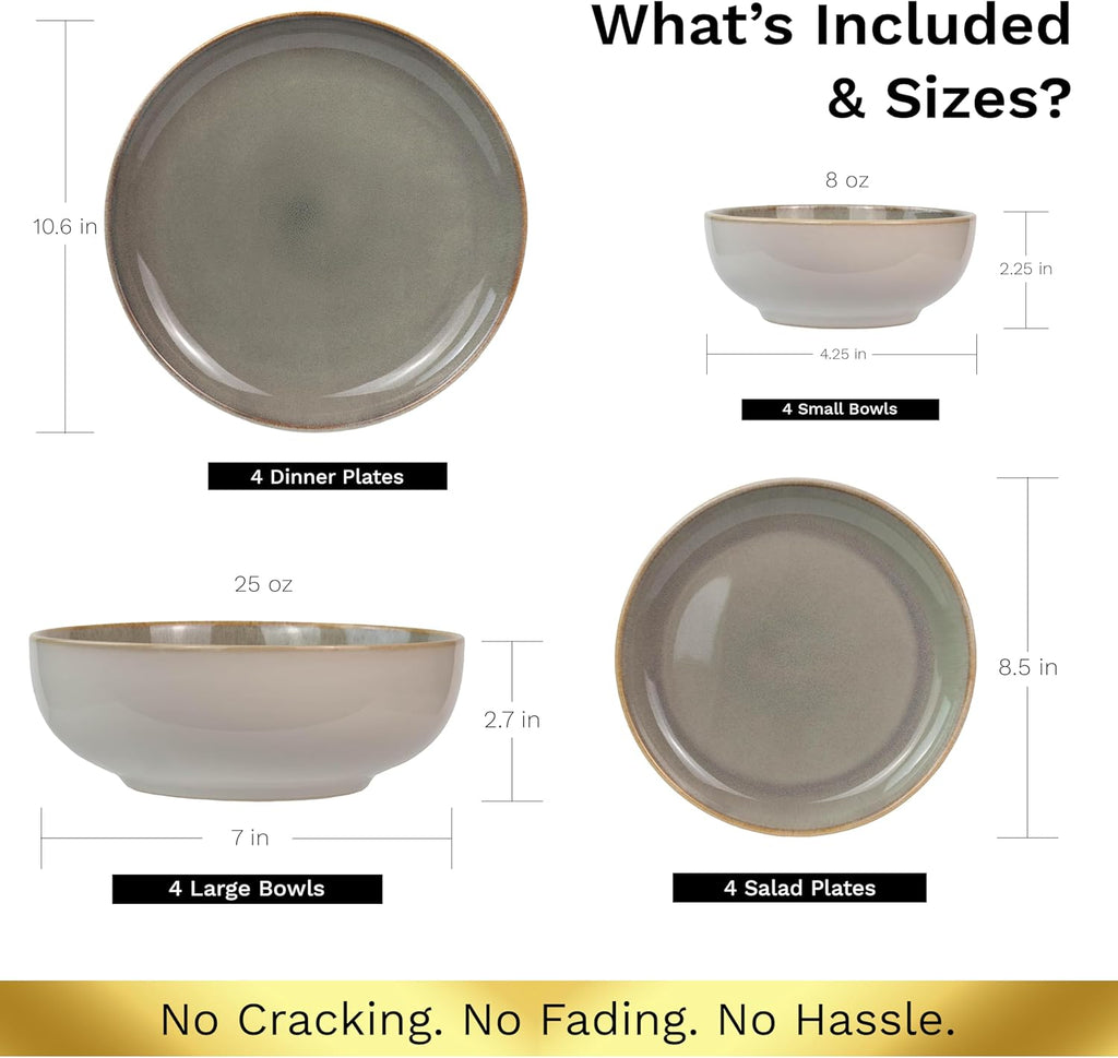 16-Piece Stoneware Dinnerware Set for 4, Glossy Cream/Green Big Dinner Plates and Bowls Sets with Reactive Glaze