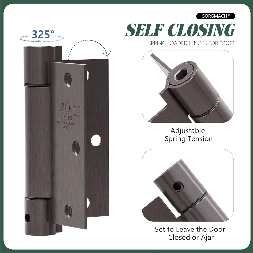 3 Pack Self Closing Door Hinges 3.5 inch Oil Rubbed Bronze Door Hinges Spring Loaded Auto Close Hinges Square Corners