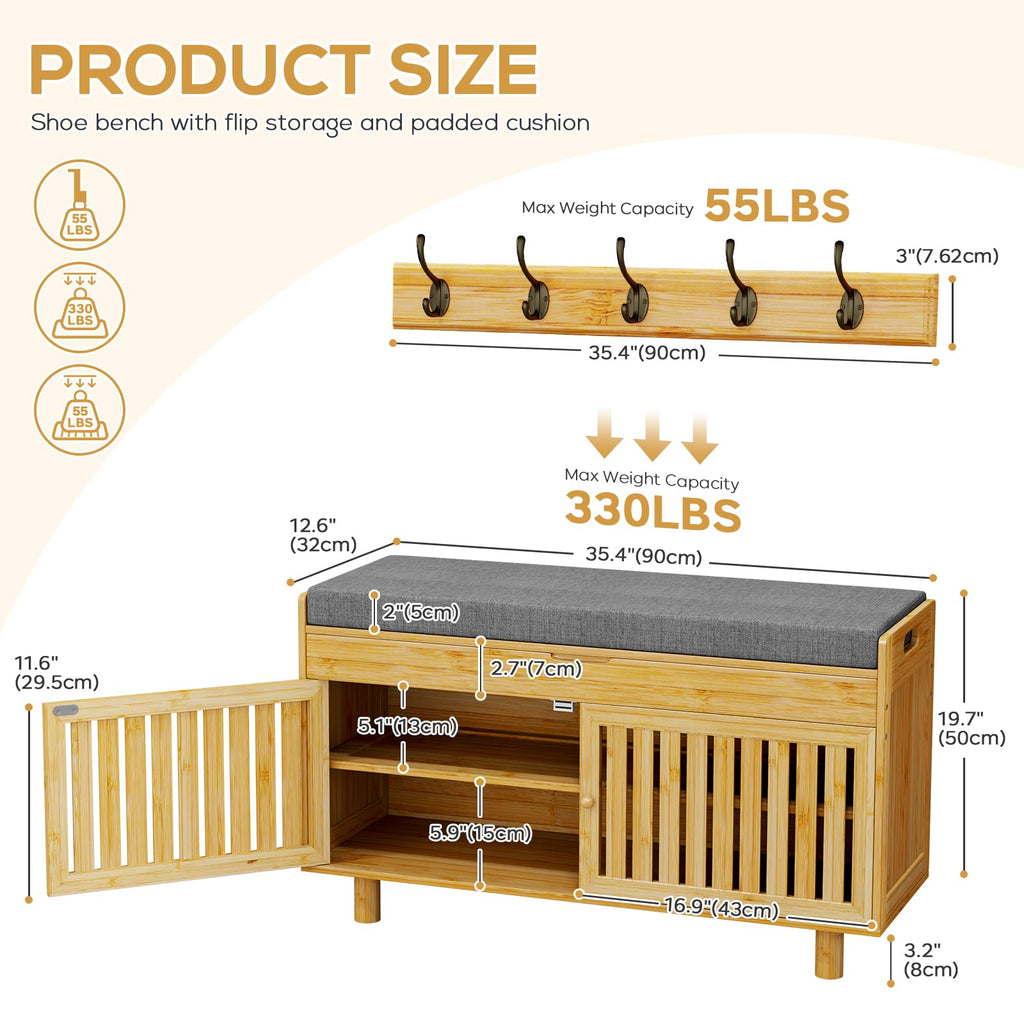 Shoe Storage Bench Coat Rack Set, 35.4" Bamboo Hall Tree Entryway Bench