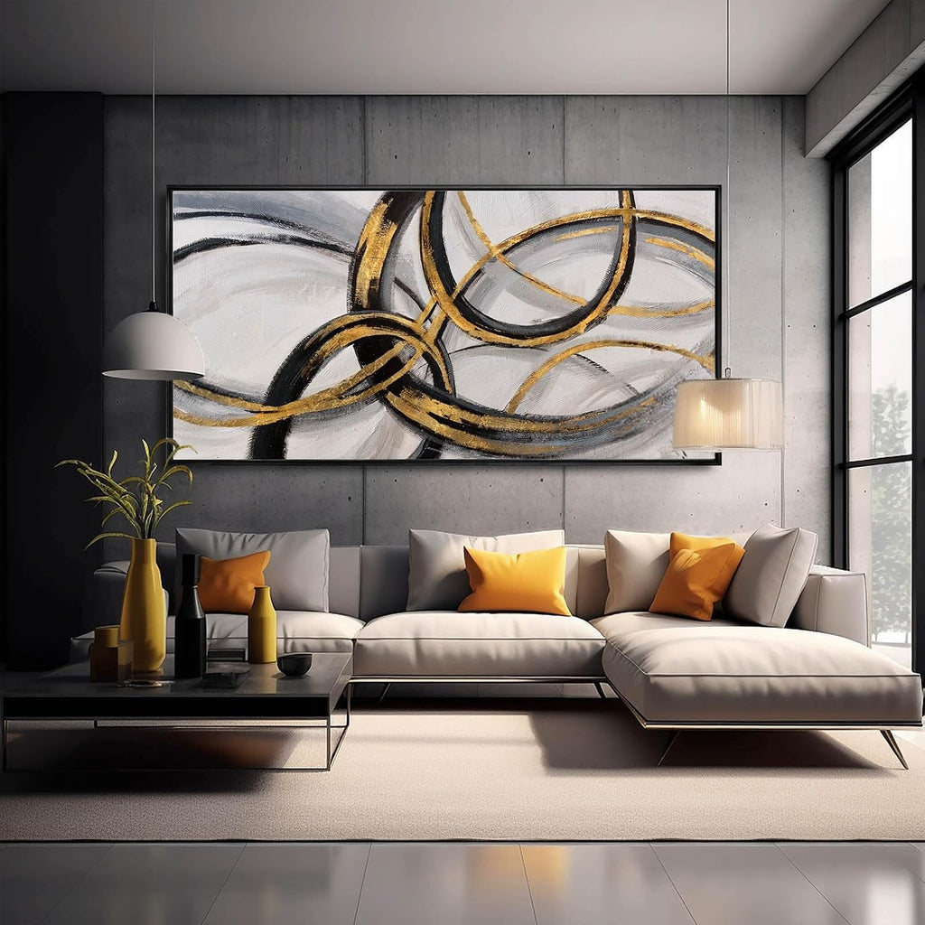 Large Framed Canvas Wall Art Gold Foil Prints Art Abstract Wall Pictures Dining Room Black Line Art Gallery