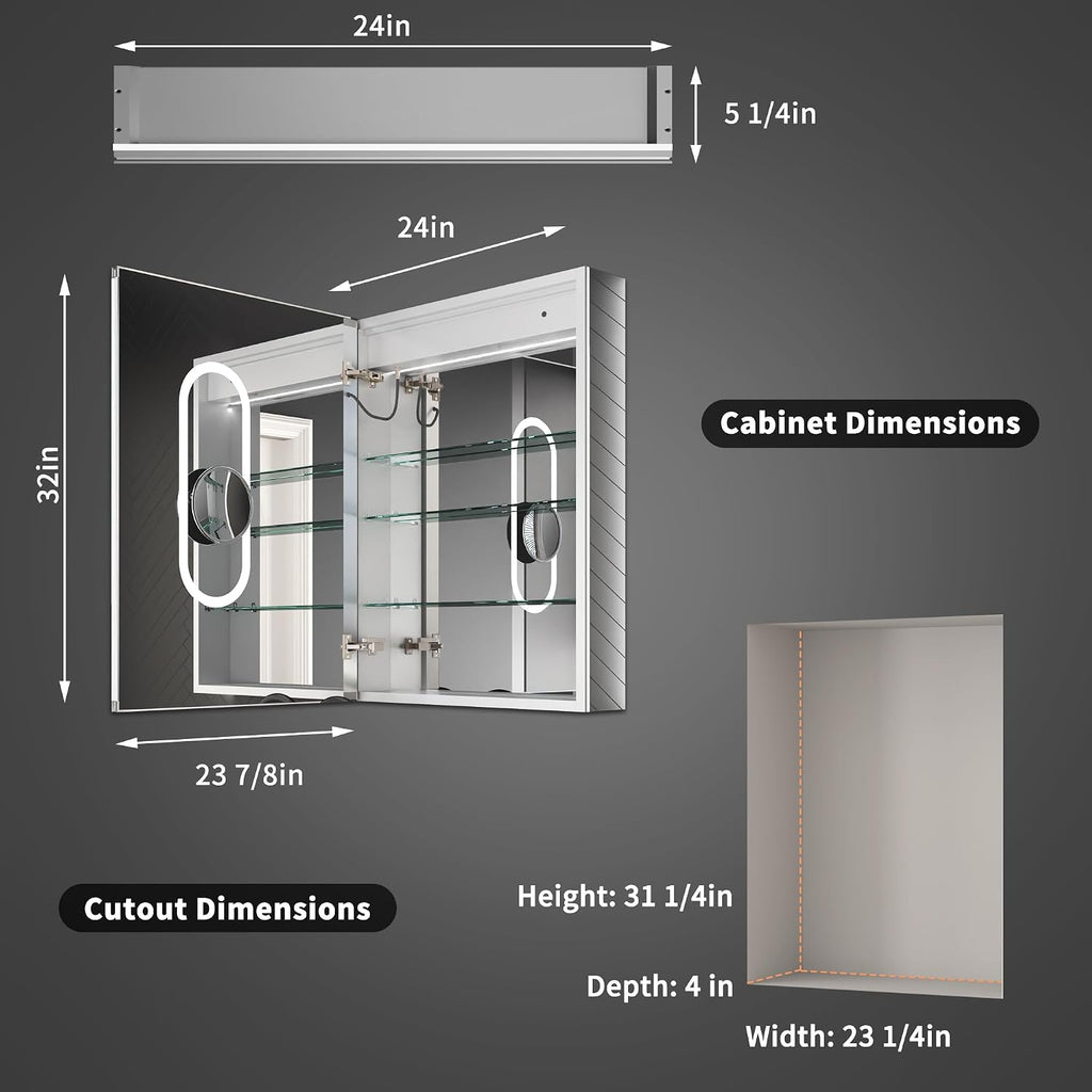 24 x 32 LED Lighted Medicine Cabinet with Mirror, Front & Backlit | Night Light, Clock & Temp Display, Defog, 5X