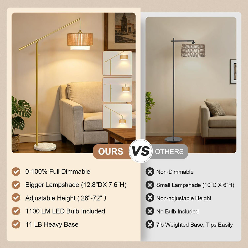 Boho Dimmable Arc Floor Lamp with Adjustable Swing Arm, Gold & Marble Base