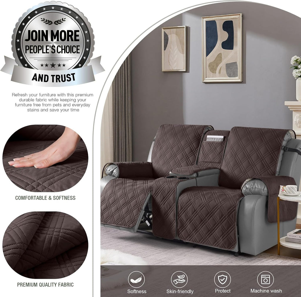 Loveseat Recliner Cover with Center Console, 100% Waterproof Pet Cover for Dual Recliner with Straps Design, Split
