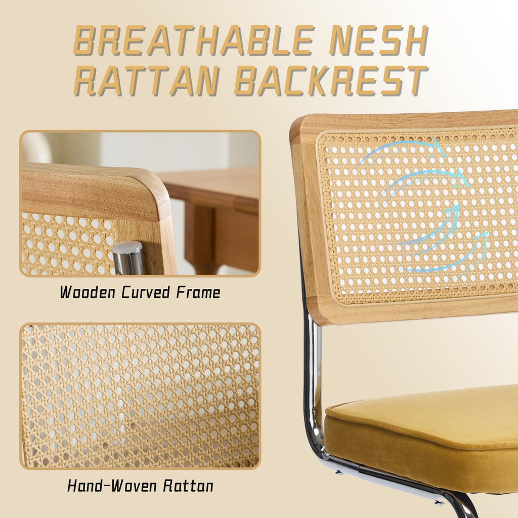 Velvet Dining Chairs Set of 6 Handwoven Rattan Back Upholstered Seat&Chrome Base Mid Century Kitchen Chair, Gold