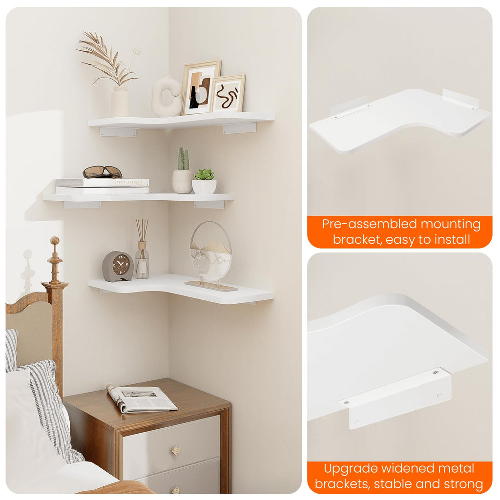 Corner Floating Shelves, Set of 3 Corner Wall Shelves with Wire Hole, L-Shaped Wood Hanging Storage Shelf for Wall