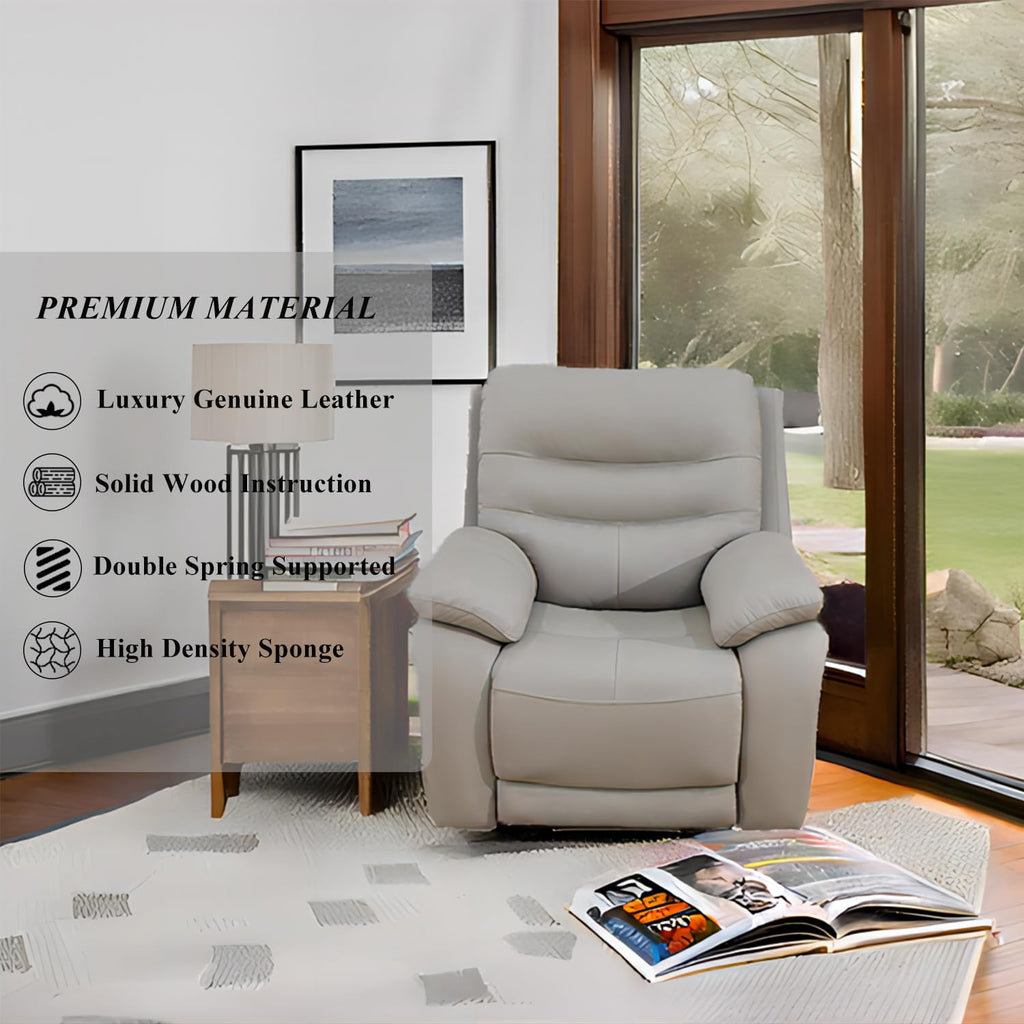Power Reclining Sofa, 3-Seater Genuine Leather Recliner Couch, Light Grey Top Grain Leather Sofa with USB Port