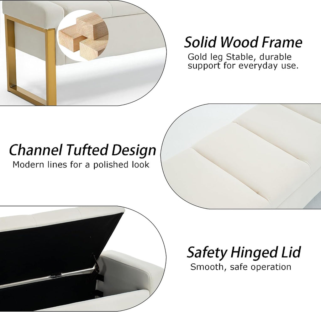 55" Tufted Storage Bench King Size Bed, Velvet Ivory White | Long Ottoman Gold Legs, Modern End of Bed Bench