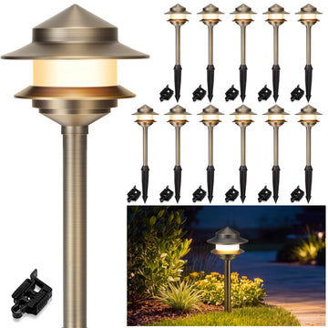 Pagoda Solid Brass Low Voltage Landscape Pathway Lights, 12V LED Heavy Duty Path Lighting Outdoor Wired, Waterproof
