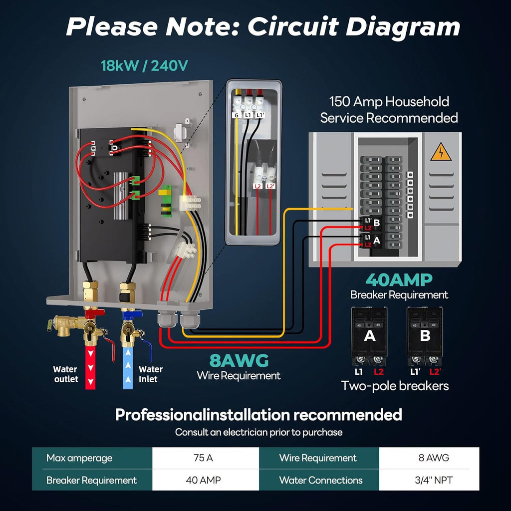 18kW Tankless Water Heater Electric, 240 Volt On Demand Instant Hot Water Heater, ETL Certified
