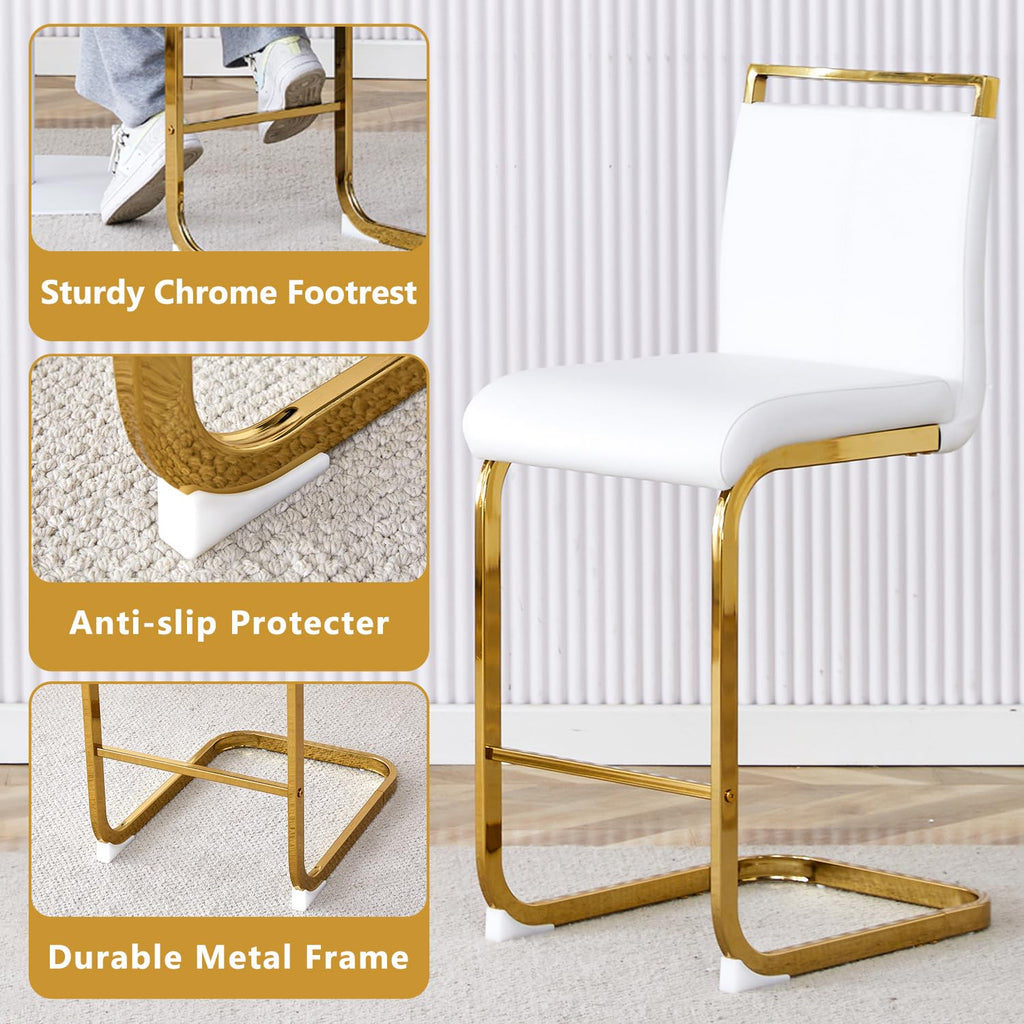Bar Stools Set of 3, Counter Height Bar Stools with Backs, White Faux Leather Kitchen Stools with Gold Chrome Plated
