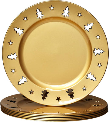 Christmas Tree Gold Charger Plates, Set of 6 Reusable Chargers for Dinner Plates, Table Setting, Christmas Holiday