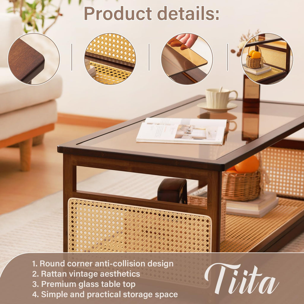 Bamboo Coffee Table, Glass Top, Rattan Storage, 2-Tier Storage, Brown