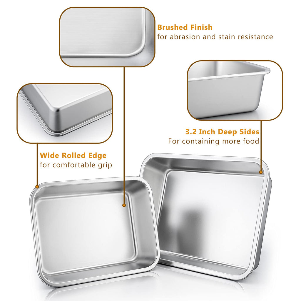 Deep Lasagna Pan Set of 2, Stainless Steel Rectangular Roasting Baking Pans, 12.75 x 10 & 10.6x8.3 Inches Roaster
