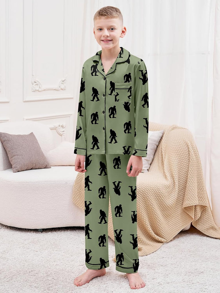 Boys Silk Pajamas Set Long Sleeve 2 Piece Sleepwear Button-Down Nightwear
