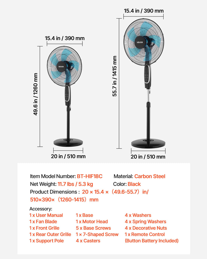 18-Inch Pedestal Fan, 2700 CFM Standing Floor Fan with Remote Control, 9 Speeds & 3 Modes, Oscillating Adjustable