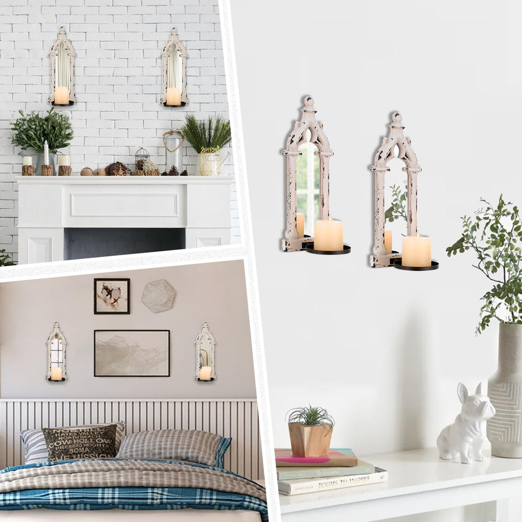 Wall Candle Sconces Set of 2 with Real Mirror, Distressed White