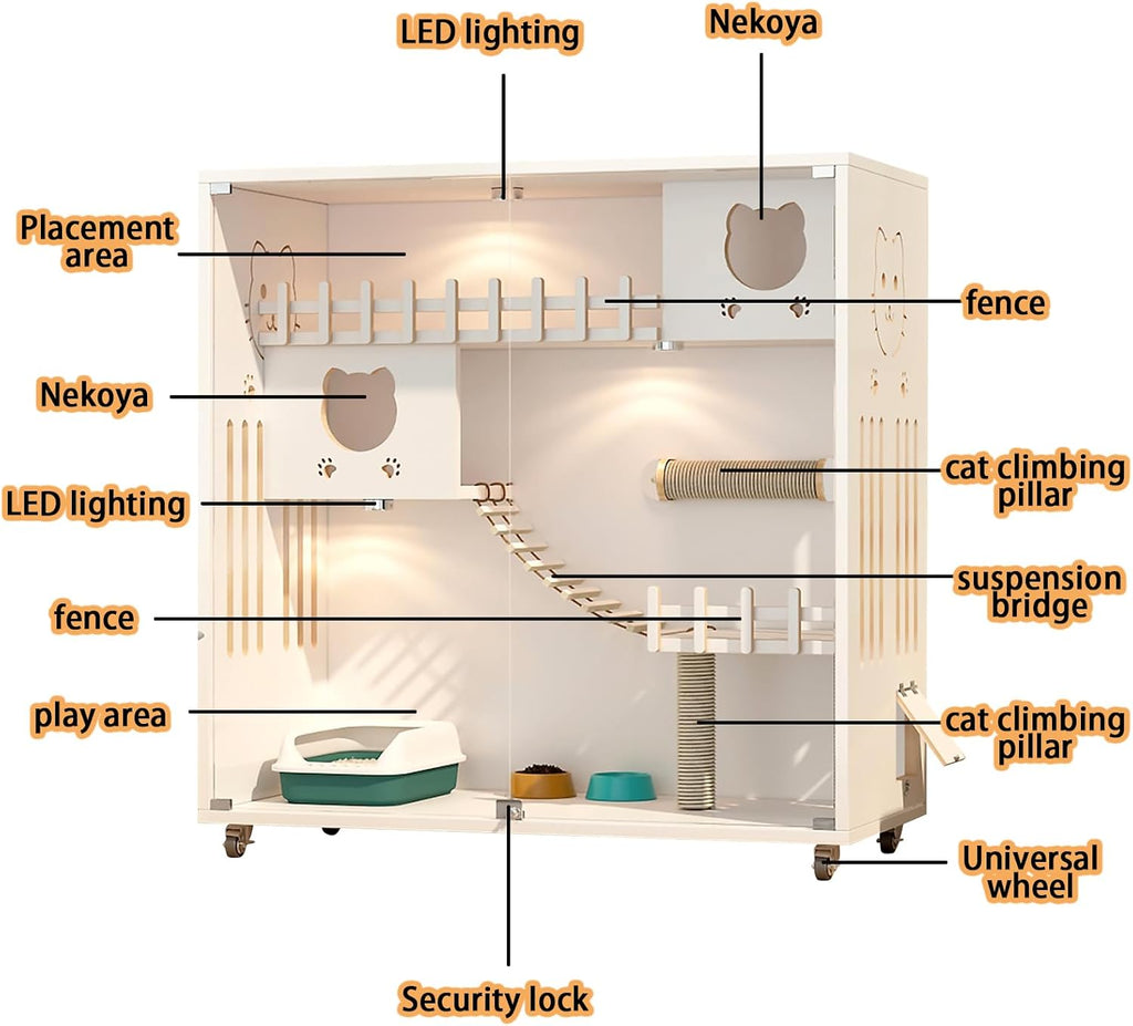 Wooden Enclosed Cat House Large Space, Cat Cage with Wheels, Multi-Feature Cat Enclosures for Indoor Cats
