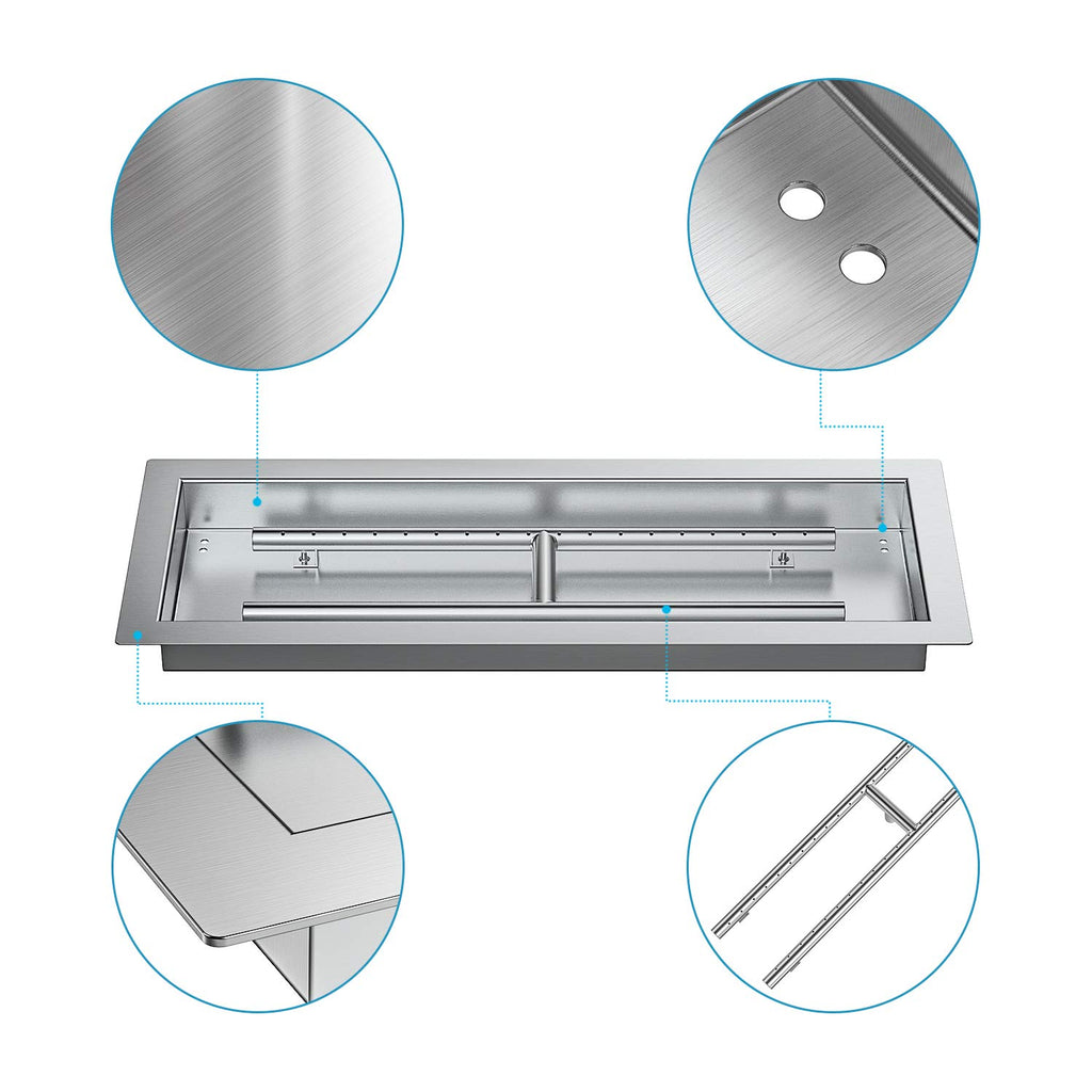 Rectangular Stainless Steel Drop-in Fire Pit Pan with Burner for Indoor/Outdoor, 24 by 8 Inch Burning Area