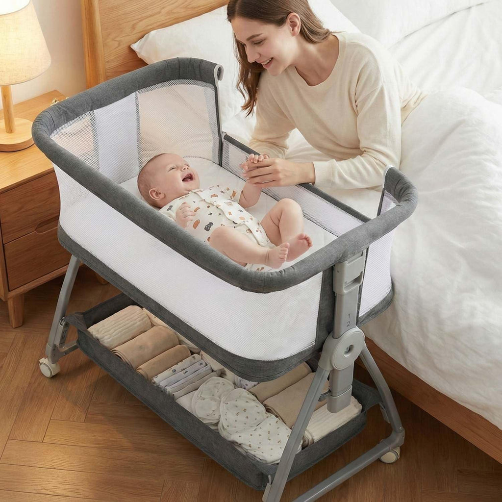 Bedside Bassinet for Baby, Sturdy 3 in 1 Bedside Sleeper with Mattress & Wheels, Height Adjustable, Breathable Mesh