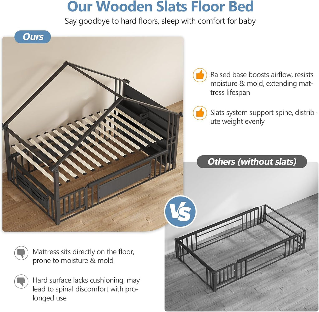 Montessori Floor Bed with Storage Bookshelf and Wood Slats House Floor Bed for Toddlers with Safety