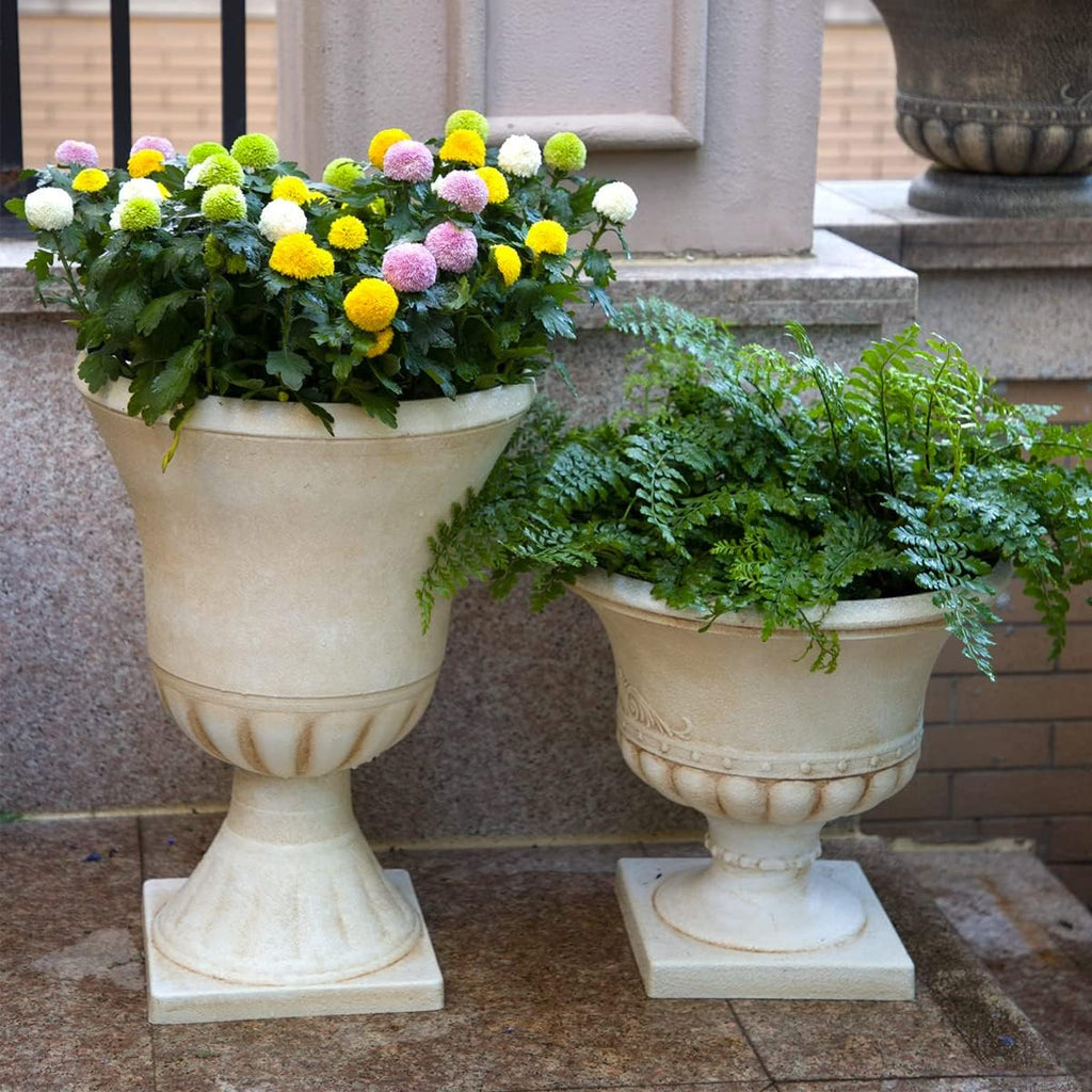 Plastic Urn Planters for Outdoor Plants, Tree 22'' Tall 2 Pack Round Classic Resin Flower Pots Indoor Beige