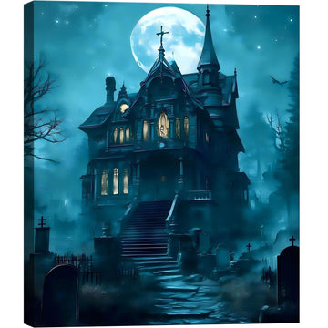 Framed Halloween Canvas Art Haunted Mansion in Foggy Forest Under Full Moon, Gothic Horror Landscape Artwork Canvas