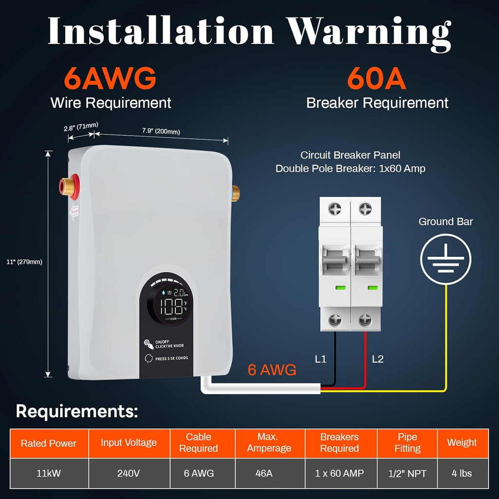 Electric Tankless Water Heater, 11kW 240V on Demand Instant Endless Electric Hot Water Heater for Residential Whole