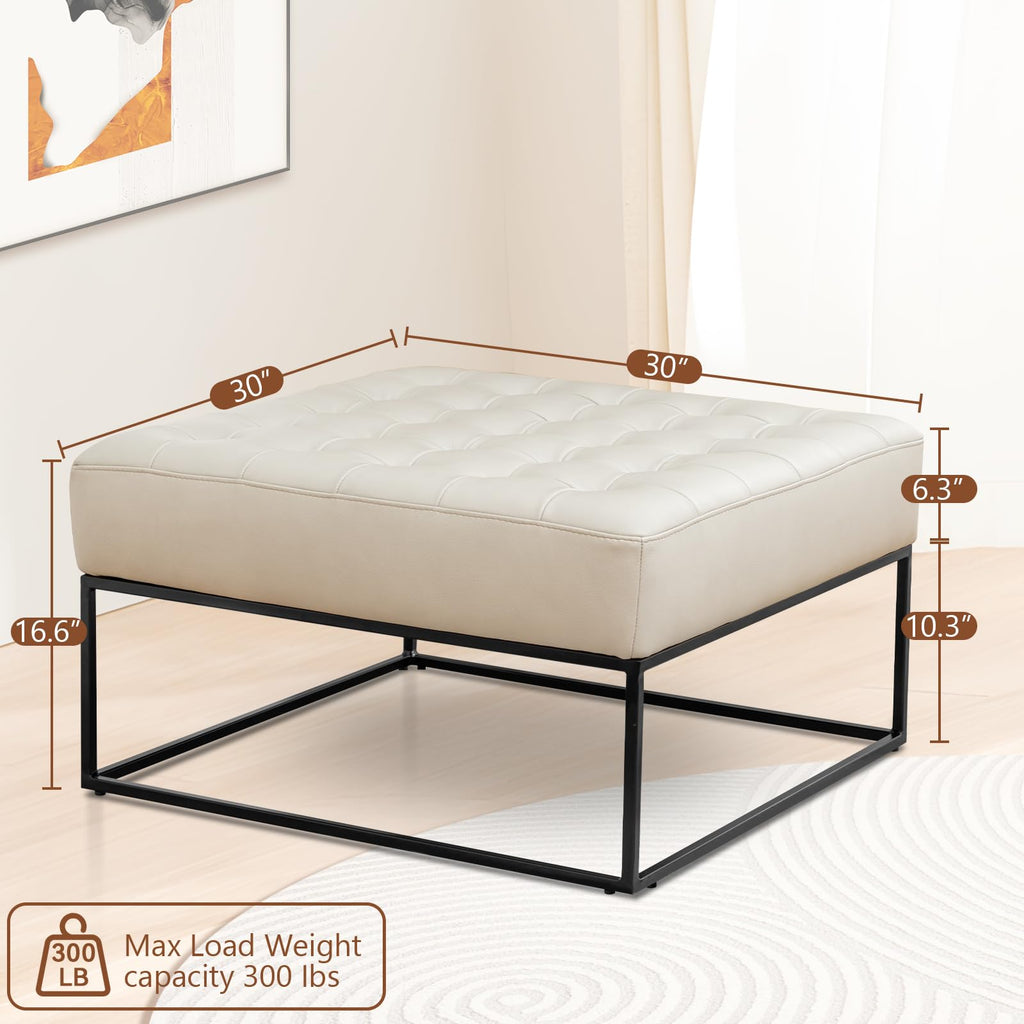 Modern Genuine Leather Square Coffee Table, 30'' Farmhouse Ottoman, Large Vintage Genuine Leather Coffee Tables with