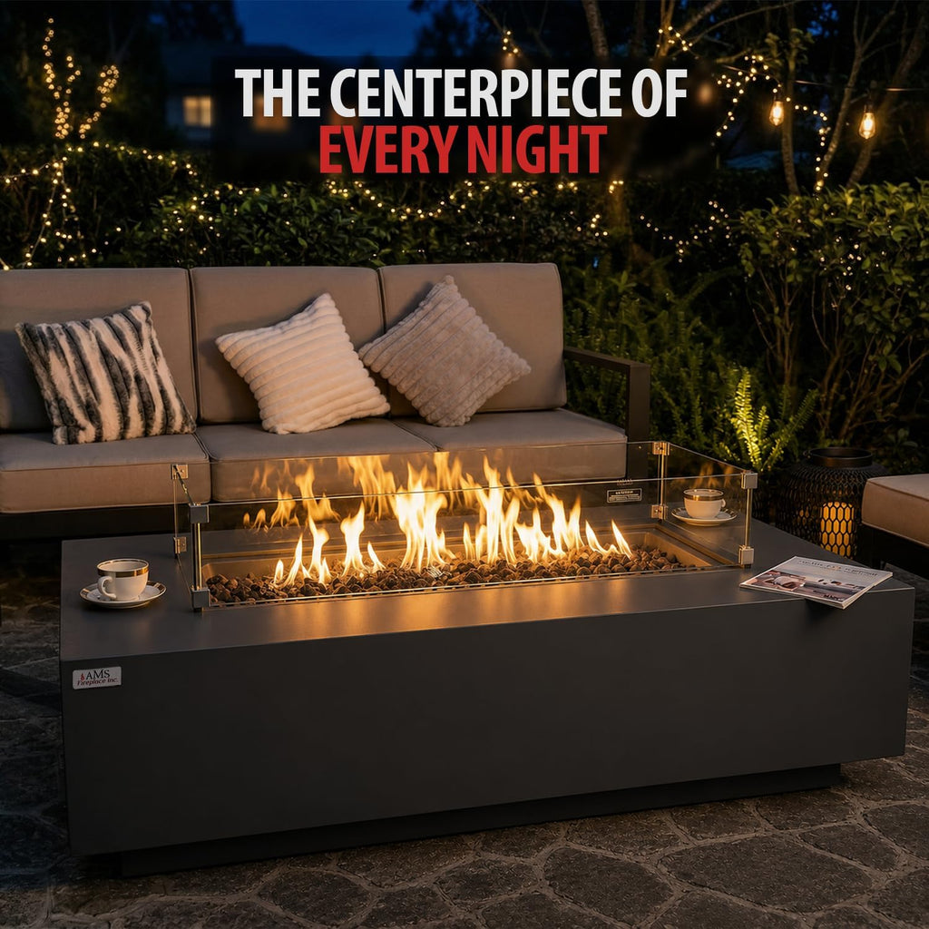 AMS 60" Rectangular Concrete GFRC Propane Gas Fire Pit Table (Dark Gray) | (Madison) Smooth Texture Fire Pit Table