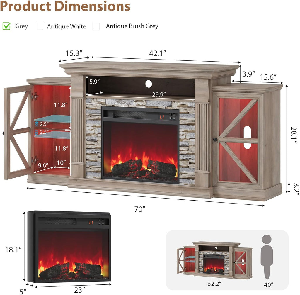 QUW Electric Fireplace TV Stand, 70" Farmhouse Entertainment Center with Open Shelf and Glass Barn Door Cabniet