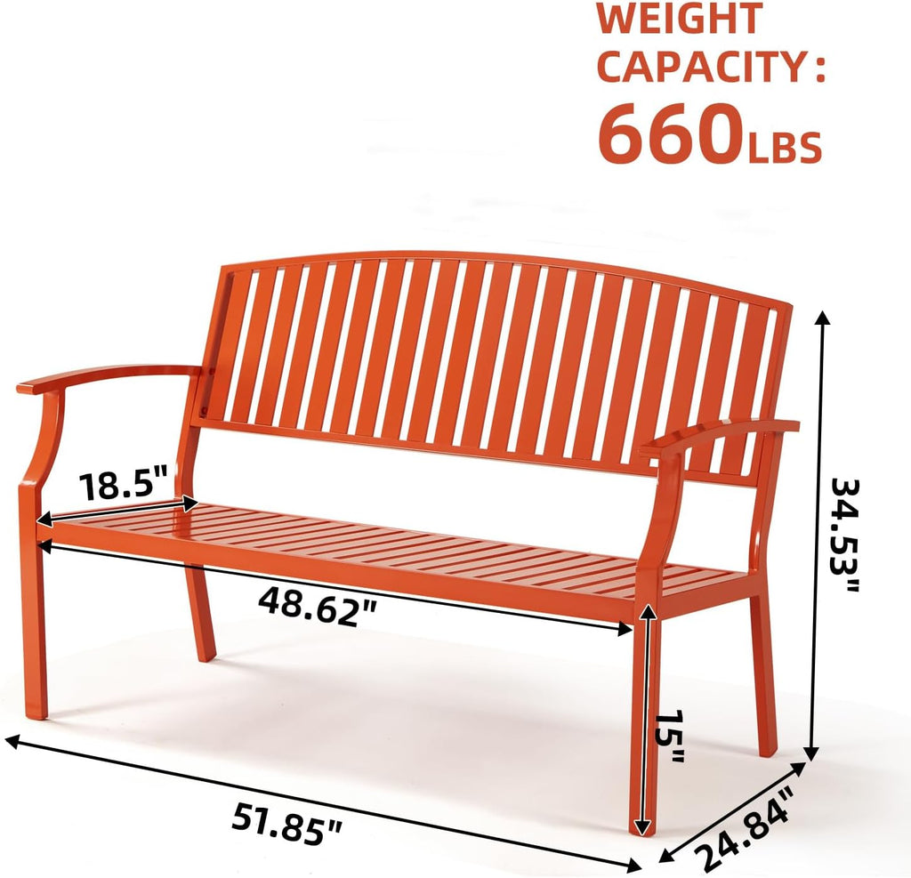 52" Outdoor Aluminum Garden Bench for 2, Weatherproof, Orange | waterproof rust-resistant metal bench supports up to