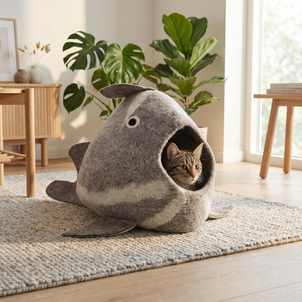 Whale Cat Cave - Felt Cat Cave Bed, Funny Cute Cat Bed, Wool Cat Cave for Indoor Cats, Fits 1 Large or 2 Small Cats