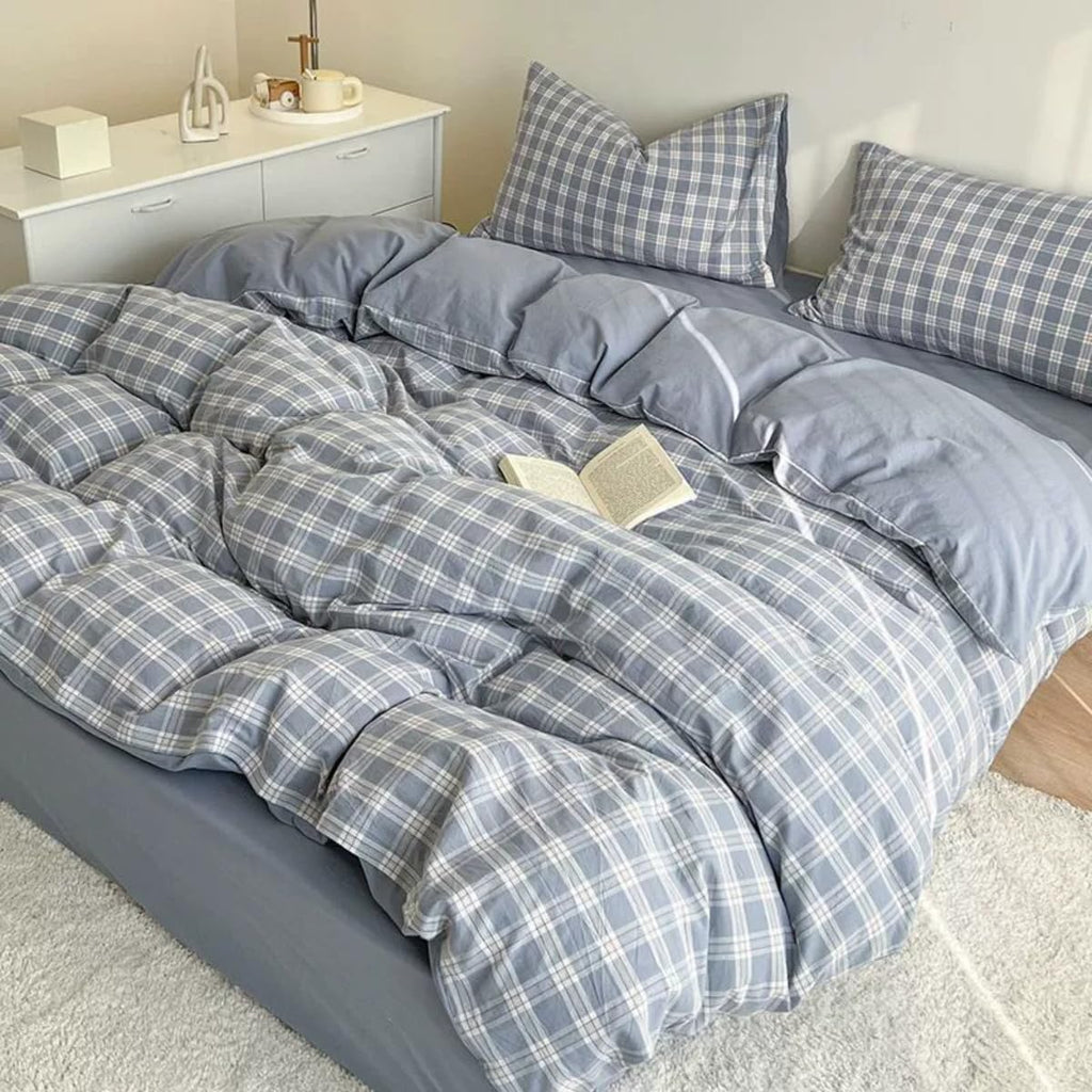 Blue Gingham Comforter Set Reversible Plaid Bedding Set