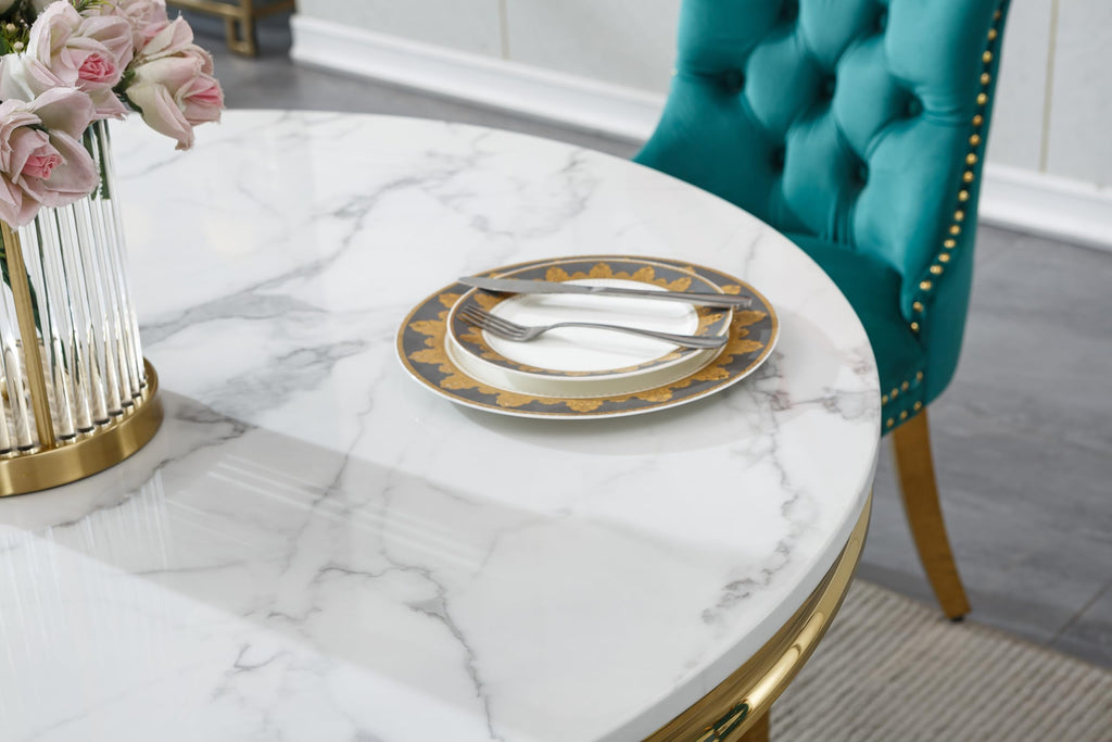 Round Marble Dining Table for 4 6, Modern 45" White Gold Kitchen Table with Faux Marble Top & Mirrored Tripod Pedestal