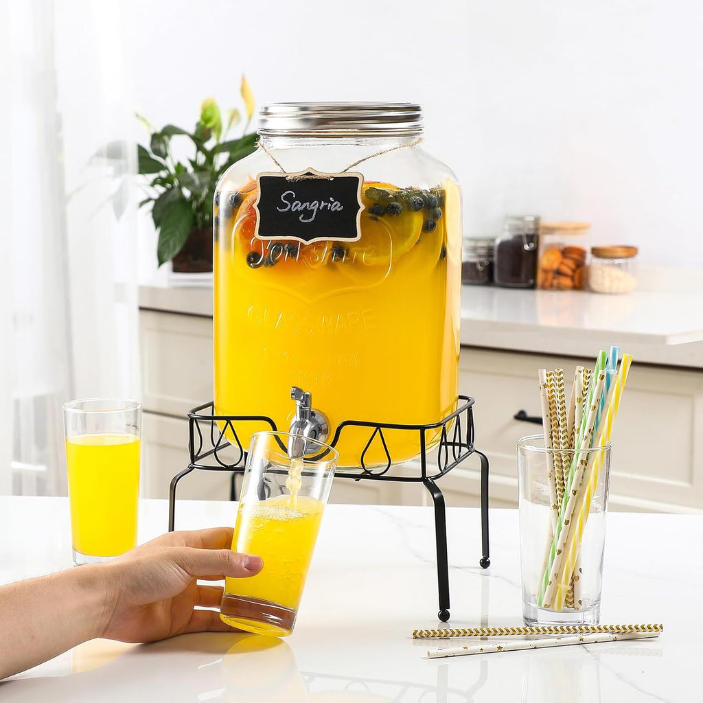 2 Gallon Glass Beverage Dispenser with Stand and Lid, 18/8 Stainless Steel Spigot - Glass Drink Dispensers for