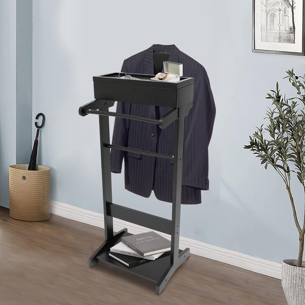 Wood Suit Valet Stand for Men, Clothes Organizer with Drawer, Accessory Tray, and Trouser Bar, Freestanding Suit
