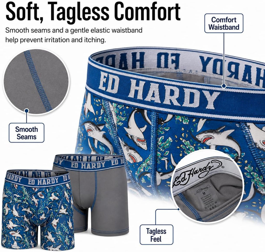 Boys Boxer Briefs Multipack Performance Underwear, Breathable Stretch Fabric, Tattoo Skull Graphic Designs