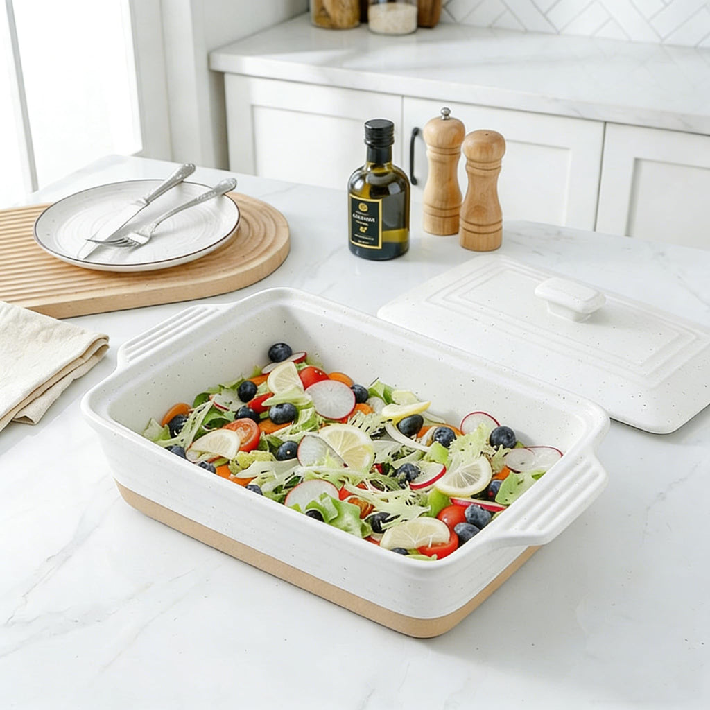 Ceramic Casserole Dish with Lid - Oven Safe, 9x13 Rectangular Baking Dish, 3.5 Quart, Farmhouse Style (White)