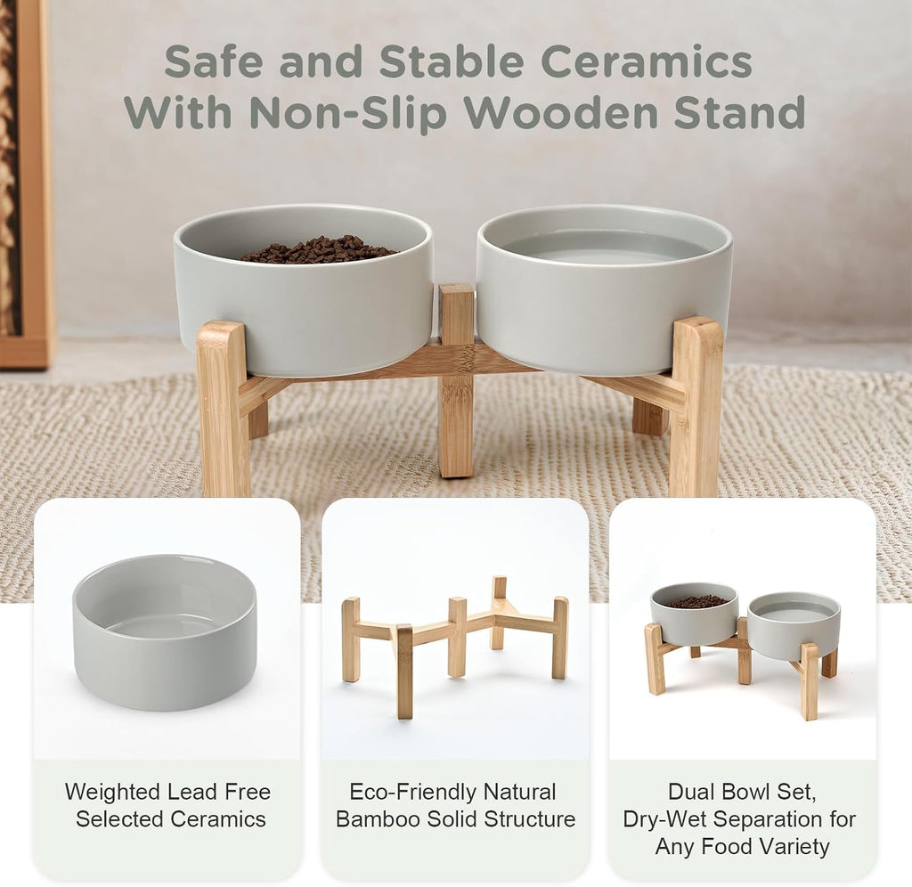 Elevated Dog Bowls Ceramic, 6.1'' Dogs and Cat Food Water Bowls Raised with Non-Slip Bamboo Stand for Medium Sized