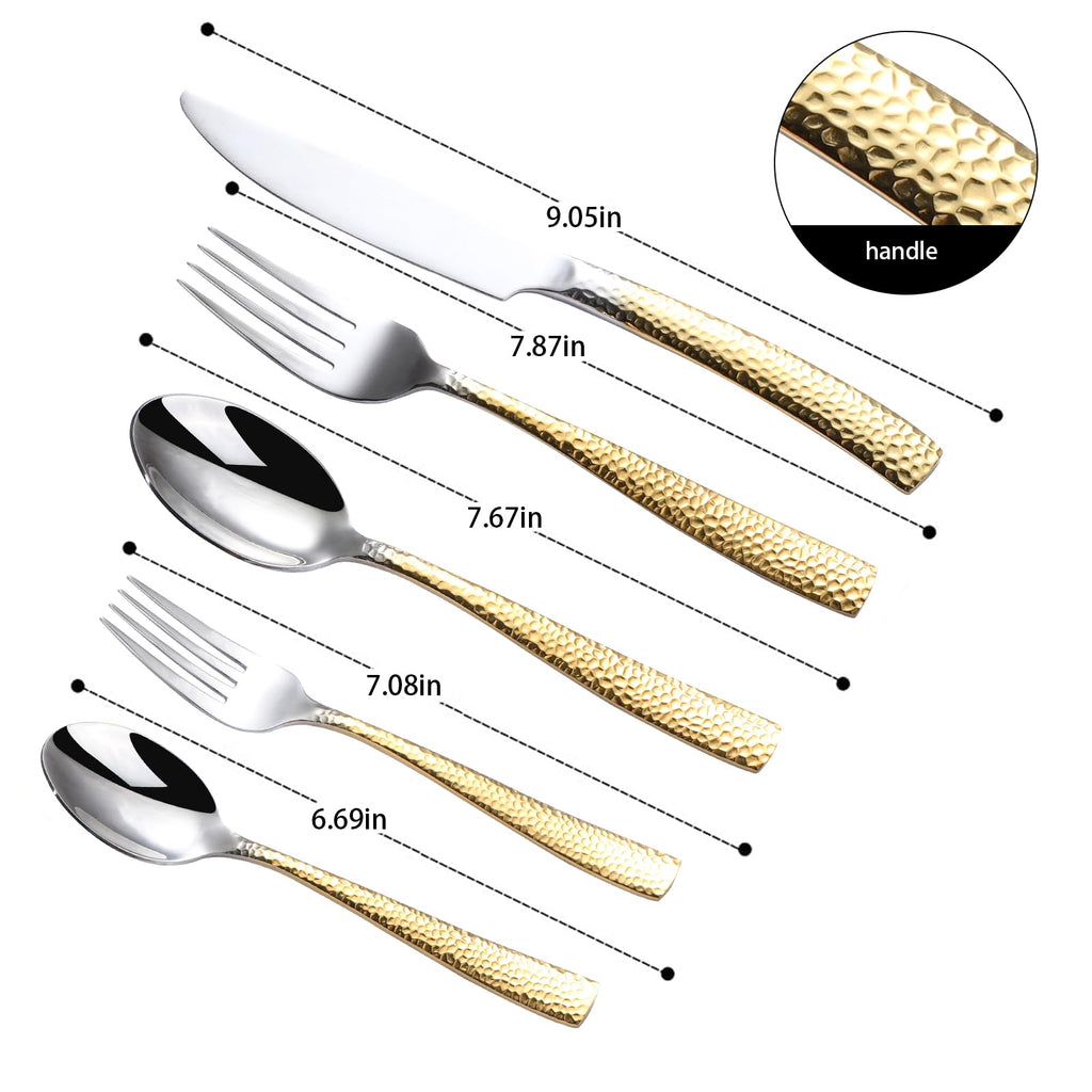 Hammered Silverware Set For 4, Forks and Spoons 18/10 Stainless Steel Heavy Duty Silverware Gold Cutlery Set 20 Piece