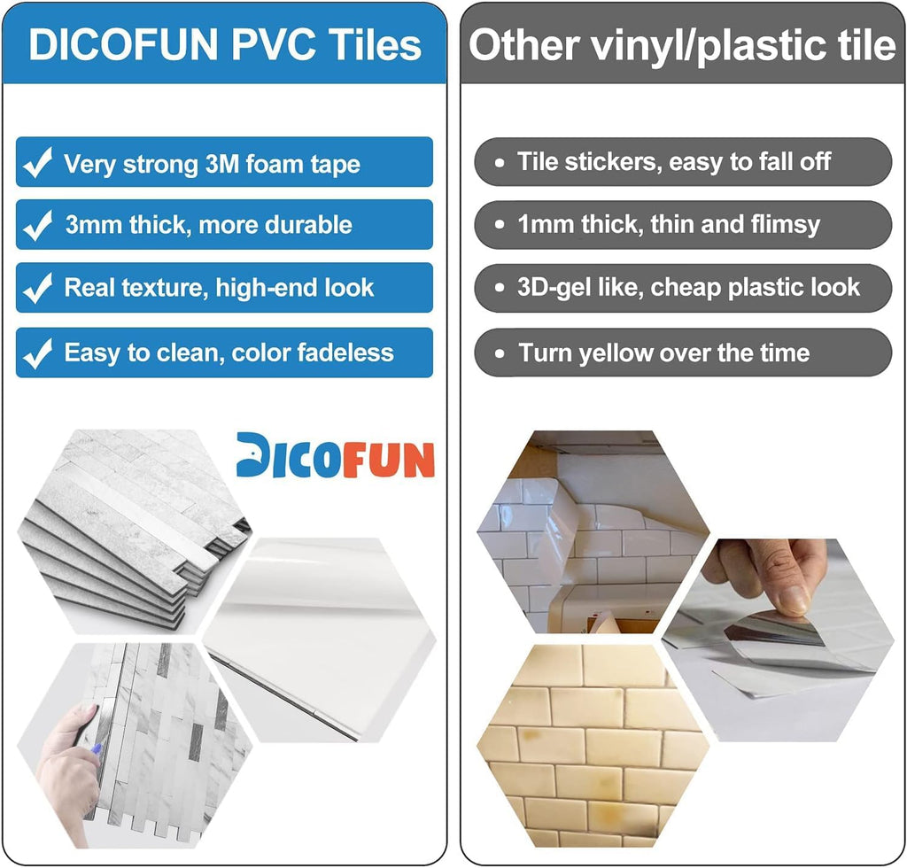 10-Sheet Peel and Stick Backsplash Tile, Faux White Marble Look PVC Mixed Metal Stick on Backsplash , 9.4 sq.ft