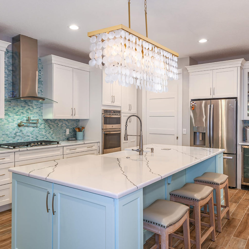 Rectangular Capiz Shell Chandelier, Coastal Beach Lighting 6 Lights, Modern Gold Chandelier Shell Pendant Light