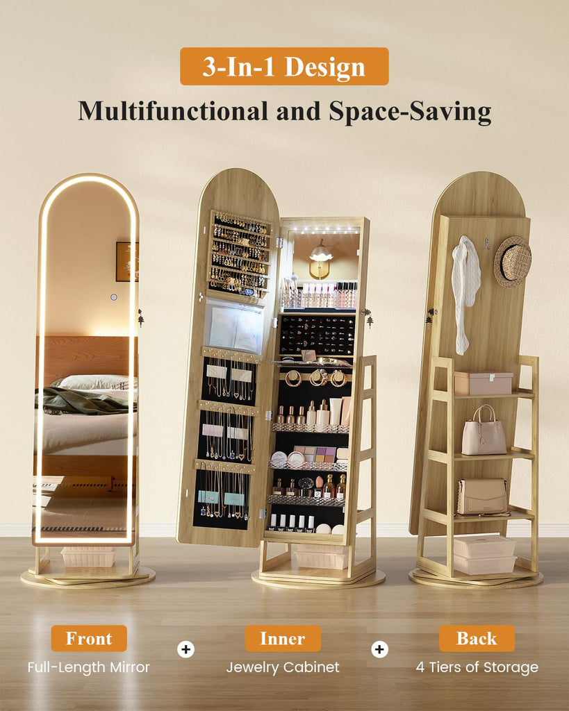 LED Arched Mirror Jewelry Cabinet Standing, Lockable Jewelry Armoire