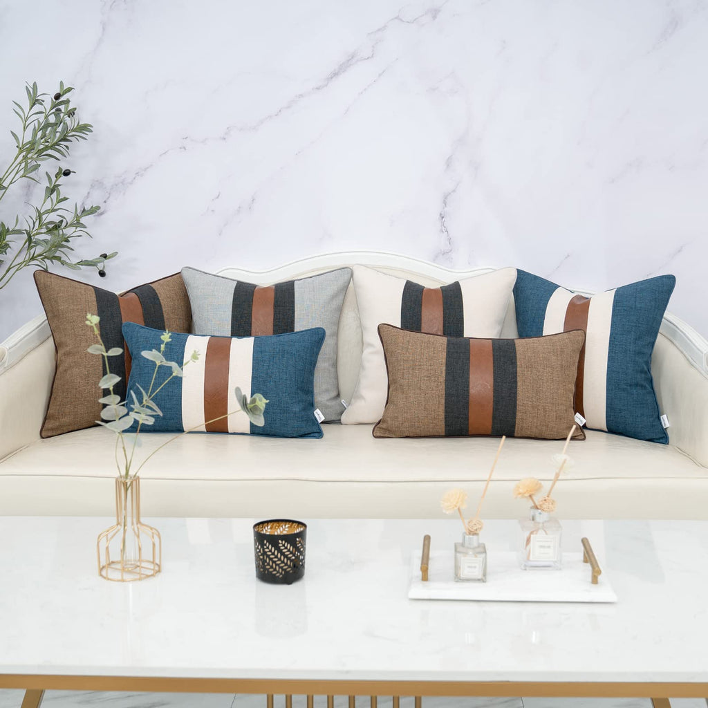Patchwork Pillow Cover 18x18 Inch Luxury Cotton and Linen Cushion Cover Faux Leather Pillowcover for Couch Bedroom