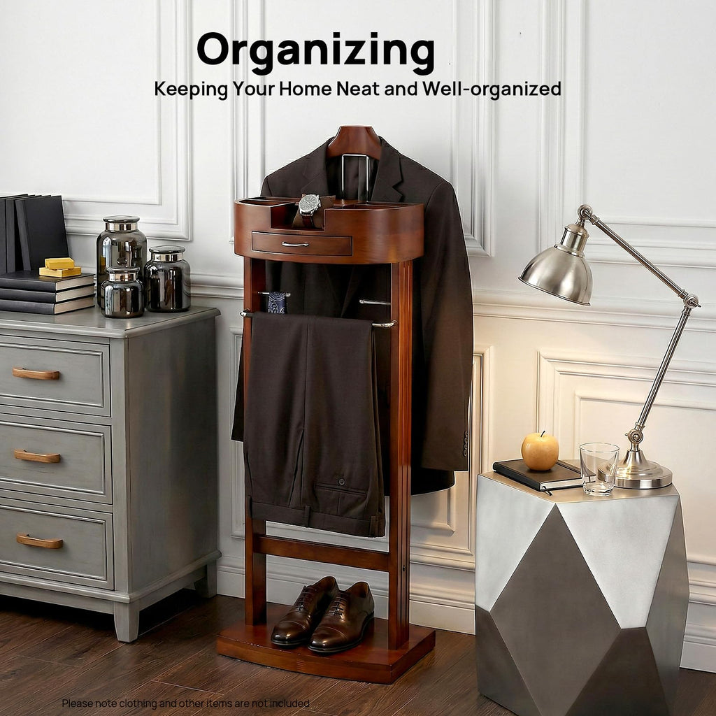 Wooden Suit Rack with Drawer and Top Tray, Floor Standing Clothing Valet Stand with Base, Pants Rack and Tie Racks