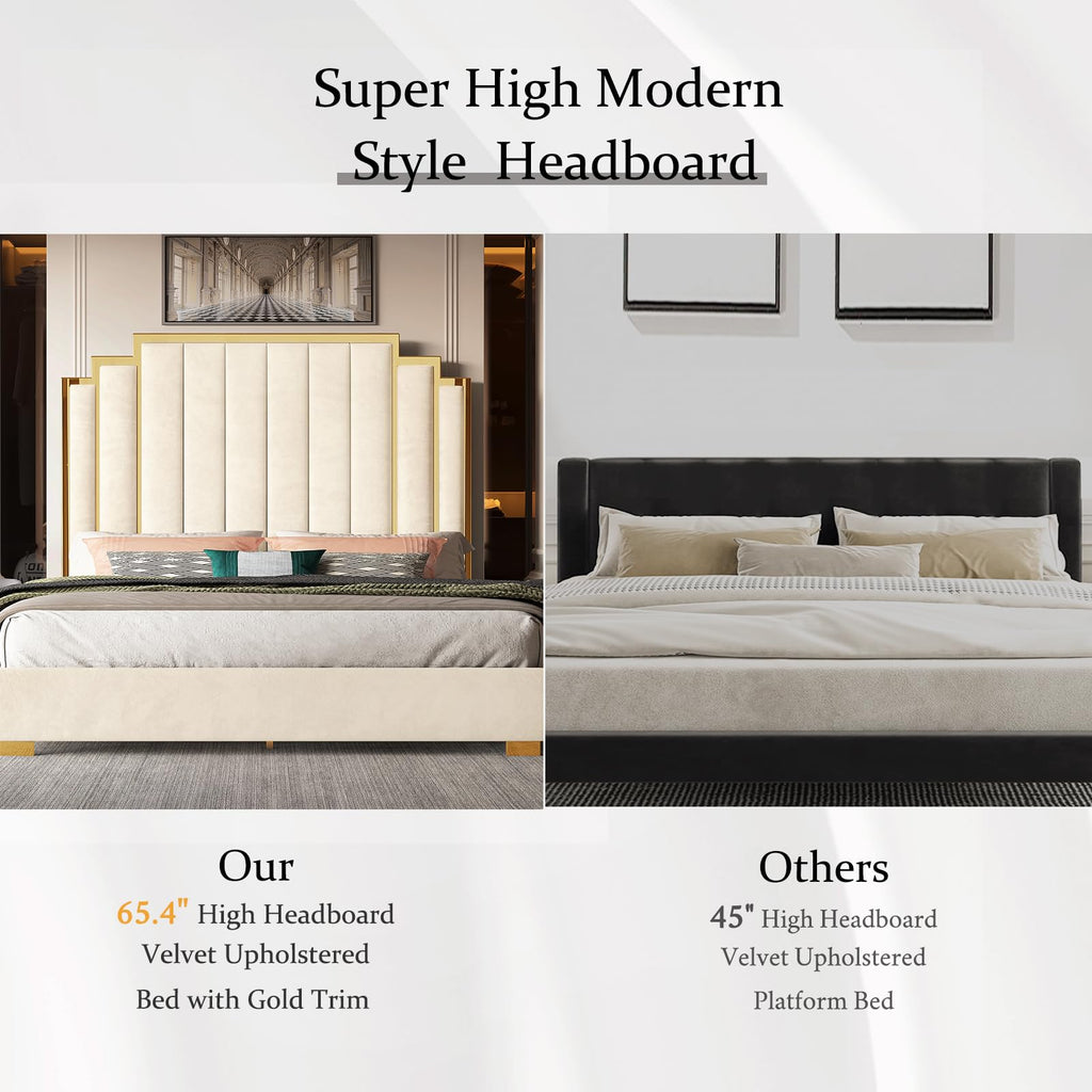 King Size Platform Bed Frame, 61.4" Velvet Upholstered Bed with Gold Trim Headboard/Wooden Slats/No Box Spring