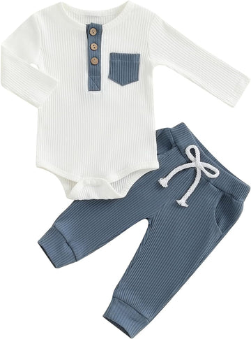 Baby Boy Clothes 3 6 12 Ribbed Knitted Long Sleeve Romper and Pants Sets Newborn Fall Splicing Color Outfits