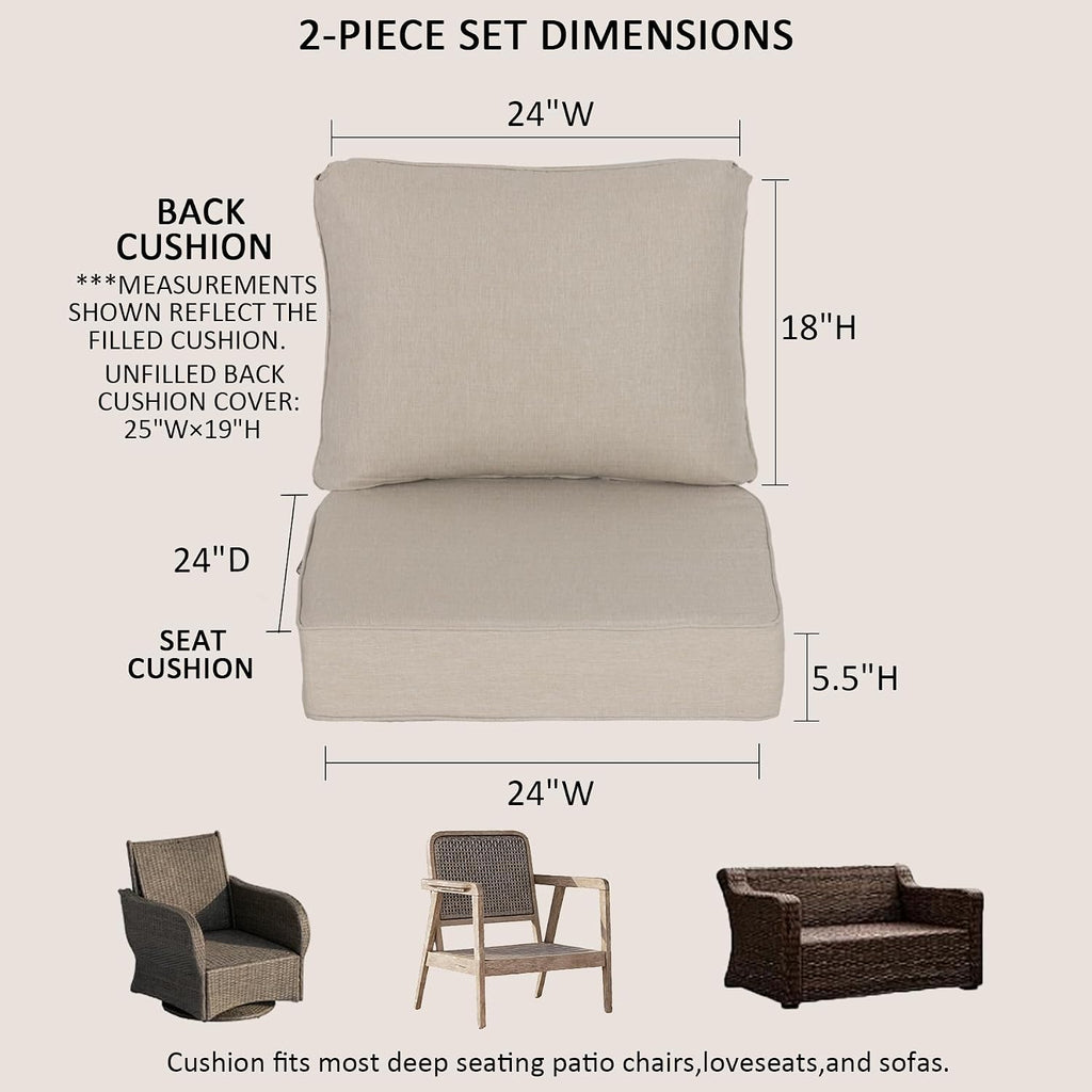 24x24 Inch Outdoor Deep Seat Cushions Set of 2, Curved Back Cover Only, Flat Thick High-Density Foam