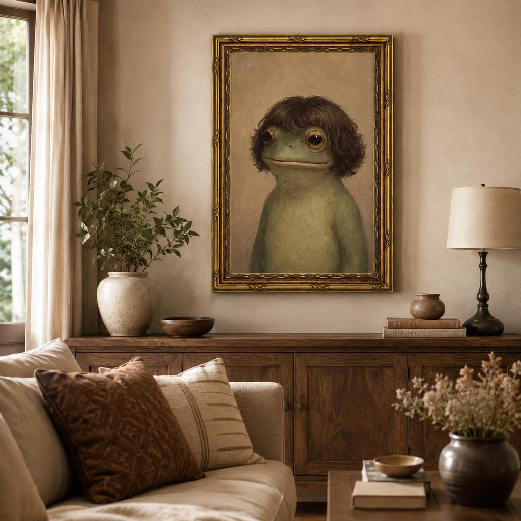 Gold Framed Funny Frog Portrait Wall Art, Quirky Canvas Print, 24x16