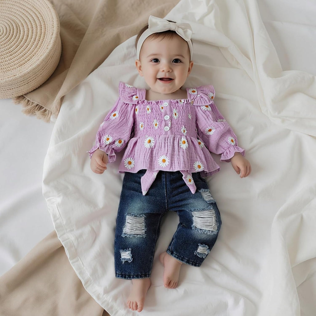Toddler Baby Girl Clothes Linen Smocked Daisy Flutter Top Jeans Denim Pants Set Little Girls Fall Winter Ruffle Outfit